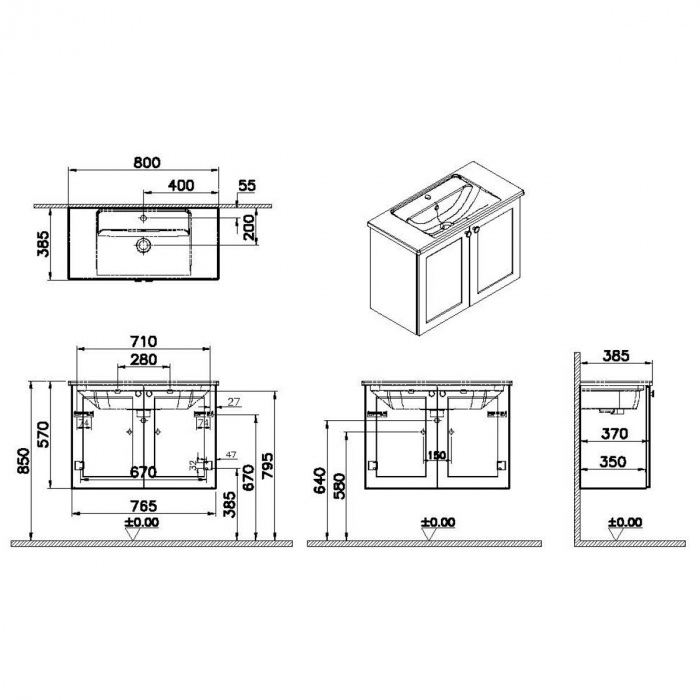Unitate de baza lavoar baie, cu usi 80cm, compact, mat dark albastru, cu angular lavoar / chiuveta baie | 68650 [2]
