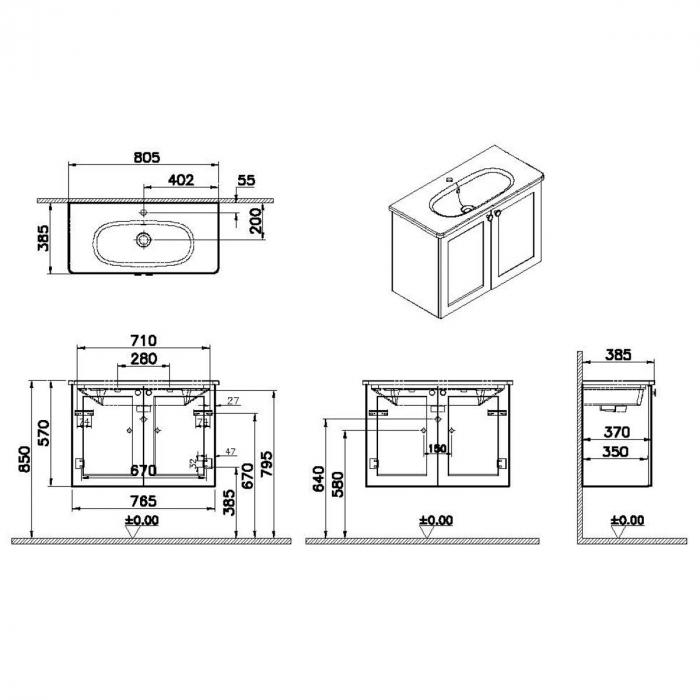 Unitate de baza lavoar baie, cu usi 80cm, compact, mat dark albastru, cu rounded lavoar / chiuveta baie | 68657 [2]