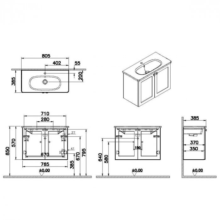Unitate de baza lavoar baie, cu usi 80cm, compact, mat gri deschis, cu rounded lavoar / chiuveta baie | 68653 [2]