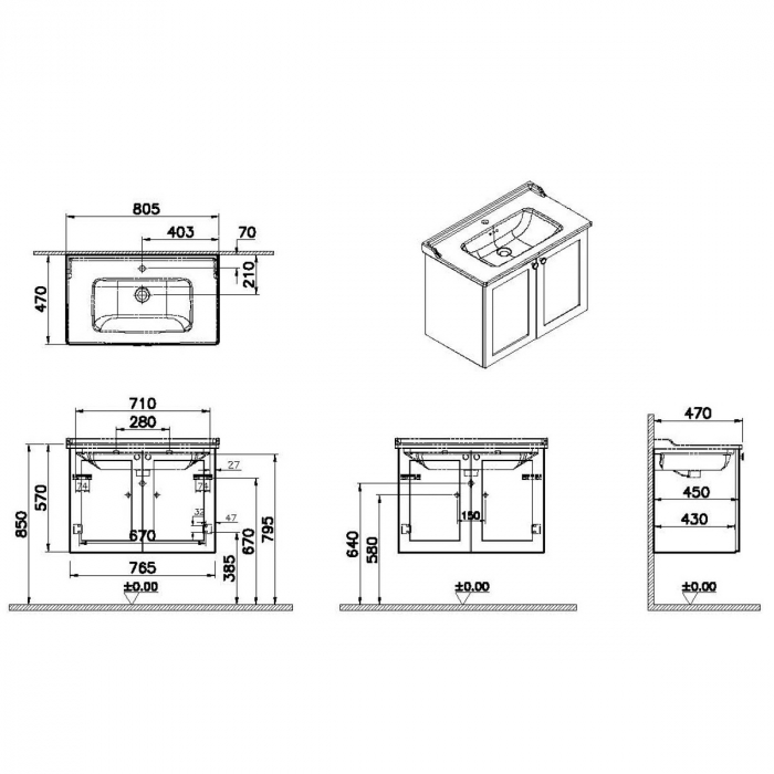 Unitate de baza lavoar baie, cu usi 80cm, mat dark albastru, cu classical lavoar / chiuveta baie | 68727 [2]
