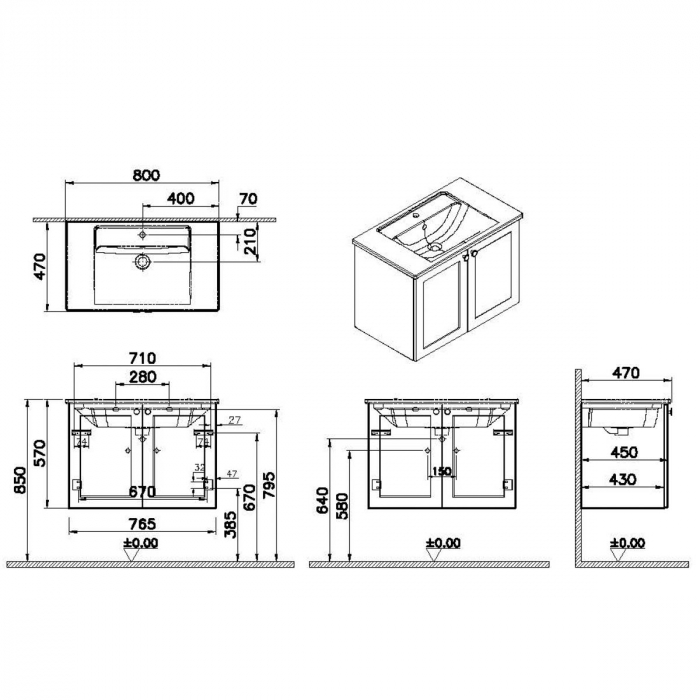 Unitate de baza lavoar baie, cu usi 80cm, mat grey, cu angular lavoar / chiuveta baie | 68710 [2]