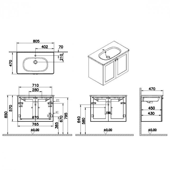 Unitate de baza lavoar baie, cu usi 80cm, mat gri deschis, cu rounded lavoar / chiuveta baie | 68716 [2]
