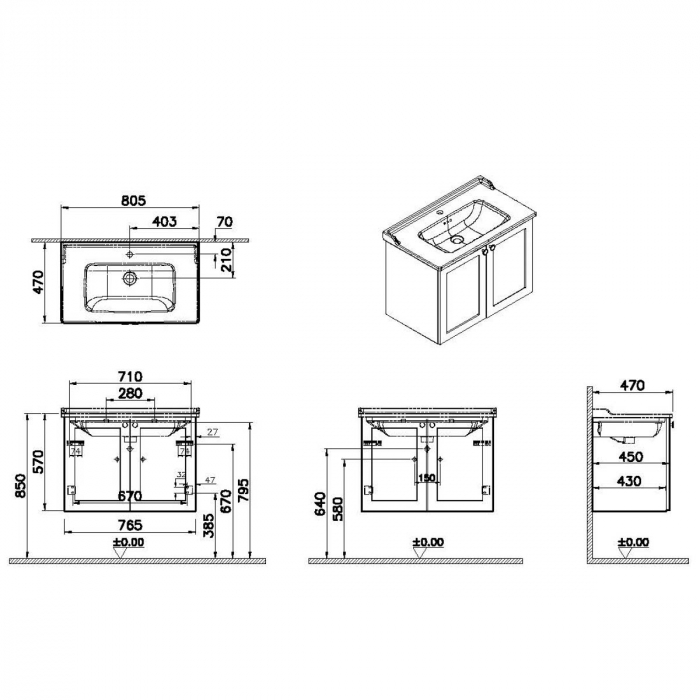 Unitate de baza lavoar baie, cu usi 80cm, alb mat, cu classical lavoar / chiuveta baie | 68722 [2]