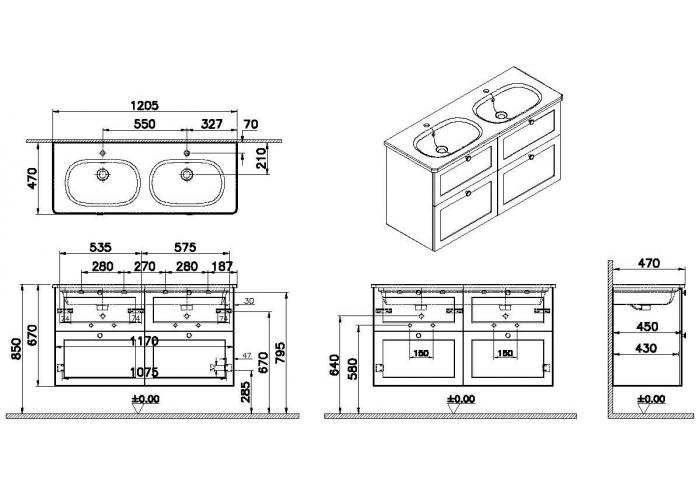 Unitate de baza lavoar baie, cu patru sertare 120 cm, mat retro green, cu rounded lavoar / chiuveta baie | 68952 [2]