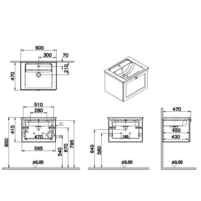 Unitate de baza lavoar baie, cu un sertar 60cm mat graphite, cu angular lavoar / chiuveta baie | 68775 [2]