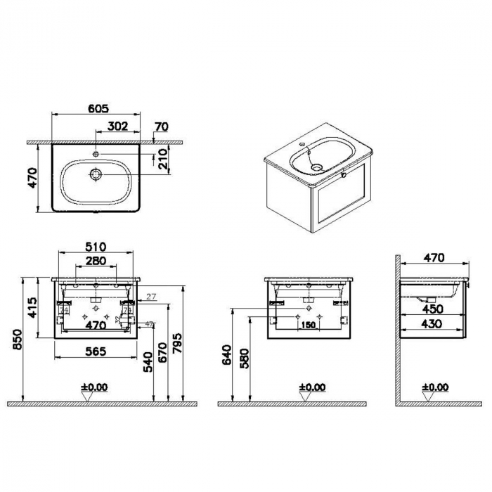 Unitate de baza lavoar baie, cu un sertar 60cm mat grey, cu rounded lavoar / chiuveta baie | 68780 [2]