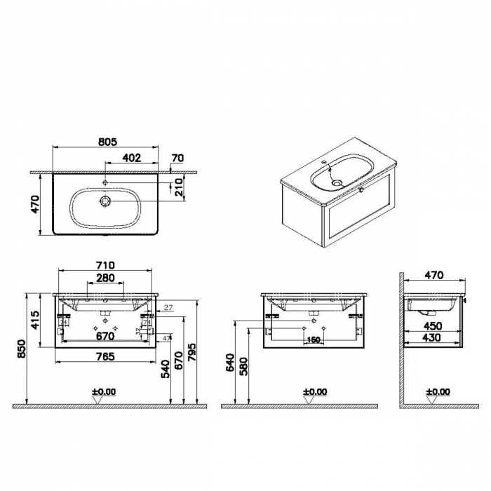 Unitate de baza lavoar baie, cu un sertar 80cm, mat dark albastru, cu rounded lavoar / chiuveta baie | 68804 [2]