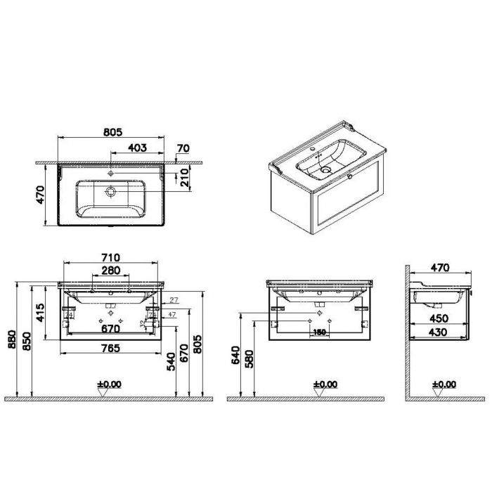 Unitate de baza lavoar baie, cu un sertar 80cm, mat graphite, cu classical lavoar / chiuveta baie | 68810 [2]