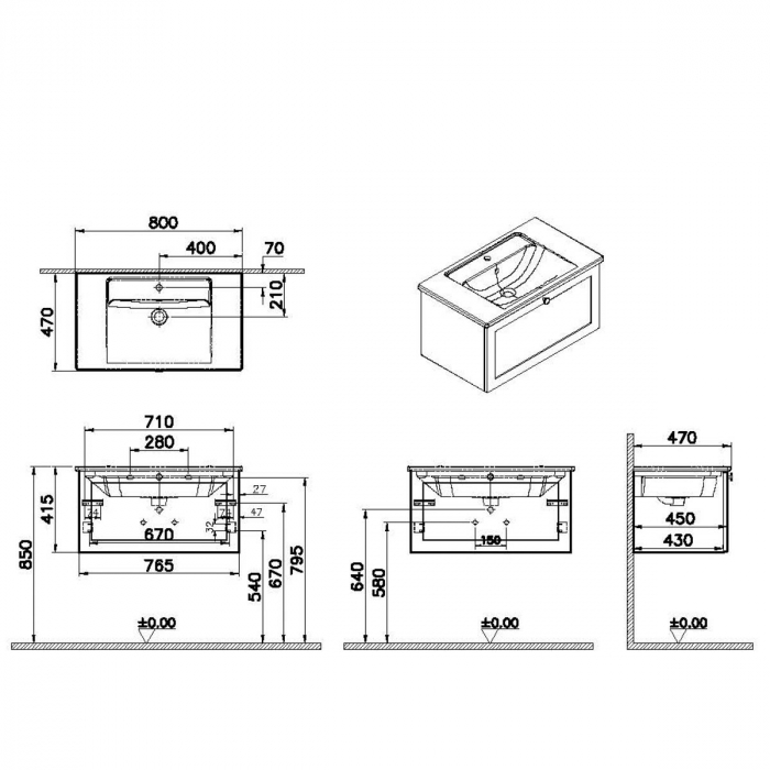 Unitate de baza lavoar baie, cu un sertar 80cm, mat gri deschis, cu angular lavoar / chiuveta baie | 68793 [2]