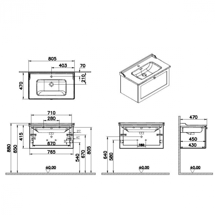 Unitate de baza lavoar baie, cu un sertar 80cm, alb mat, cu classical lavoar / chiuveta baie | 68806 [2]
