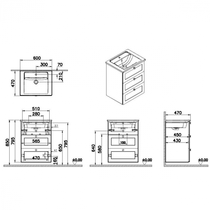 Unitate de baza lavoar baie, cu trei sertare 60cm mat grey, cu angular lavoar / chiuveta baie | 68899 [2]