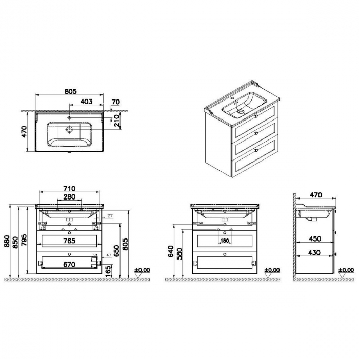 Unitate de baza lavoar baie, cu trei sertare 80cm, mat fijord green, cu classical lavoar / chiuveta baie | 68935 [2]