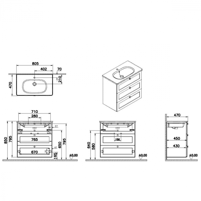Unitate de baza lavoar baie, cu trei sertare 80cm, mat fijord green, cu rounded lavoar / chiuveta baie | 68928 [2]