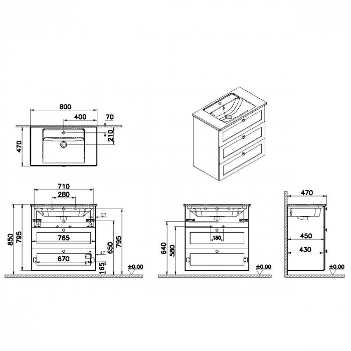 Unitate de baza lavoar baie, cu trei sertare 80cm, alb mat, cu angular lavoar / chiuveta baie | 68918 [2]