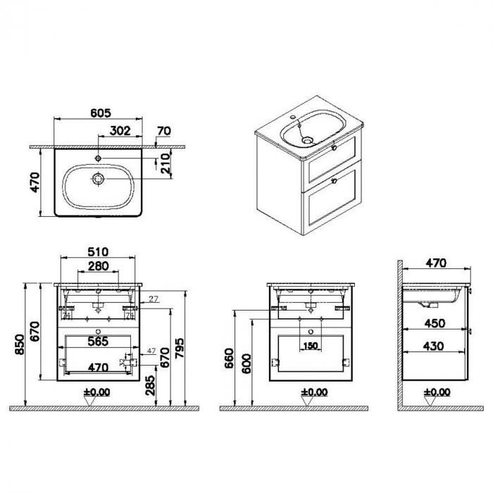 Unitate de baza lavoar baie, cu doua sertare 60cm mat fijord green, cu rounded lavoar / chiuveta baie | 68844 [2]