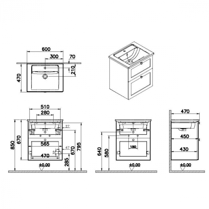 Unitate de baza lavoar baie, cu doua sertare 60cm mat grey, cu angular lavoar / chiuveta baie | 68836 [2]