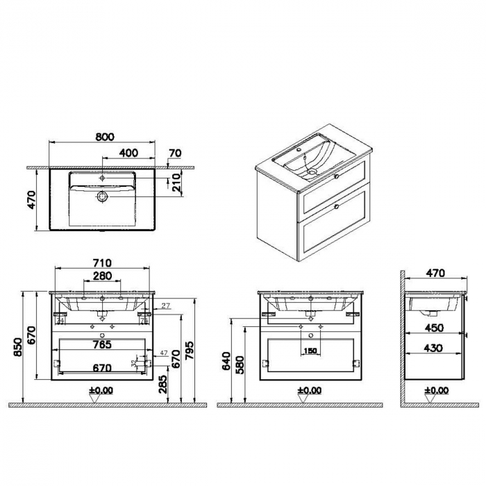 Unitate de baza lavoar baie, cu doua sertare 80cm, mat fijord green, cu angular lavoar / chiuveta baie | 68858 [2]