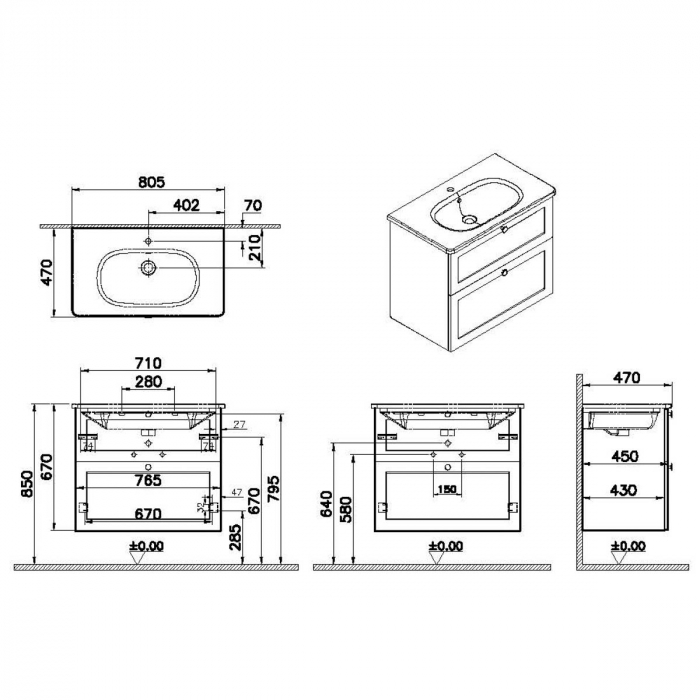 Unitate de baza lavoar baie, cu doua sertare 80cm, mat fijord green, cu rounded lavoar / chiuveta baie | 68865 [2]
