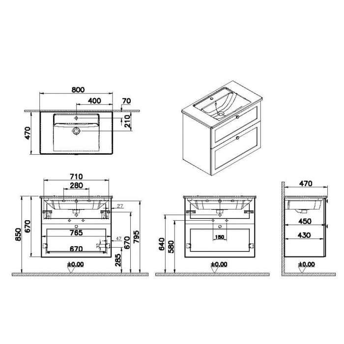 Unitate de baza lavoar baie, cu doua sertare 80cm, mat grey, cu angular lavoar / chiuveta baie | 68857 [2]