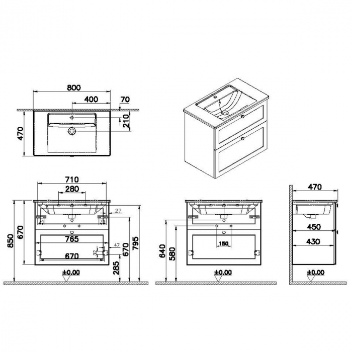 Unitate de baza lavoar baie, cu doua sertare 80cm, mat gri deschis, cu angular lavoar / chiuveta baie | 68856 [2]