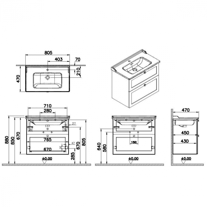 Unitate de baza lavoar baie, cu doua sertare 80cm, alb mat, cu classical lavoar / chiuveta baie | 68869 [2]