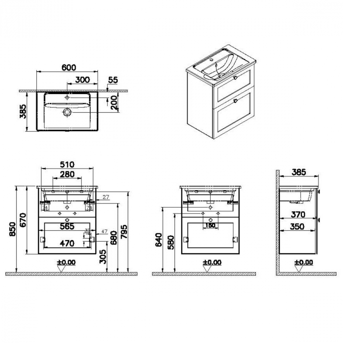Unitate de baza lavoar baie, cu doua sertare, compact 60cm mat dark albastru, cu angular lavoar / chiuveta baie | 68664 [2]