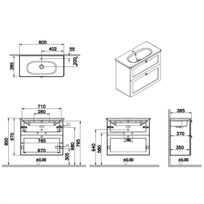 Unitate de baza lavoar baie, cu doua sertare, compact 80cm, mat graphite, cu rounded lavoar / chiuveta baie | 68684 [2]