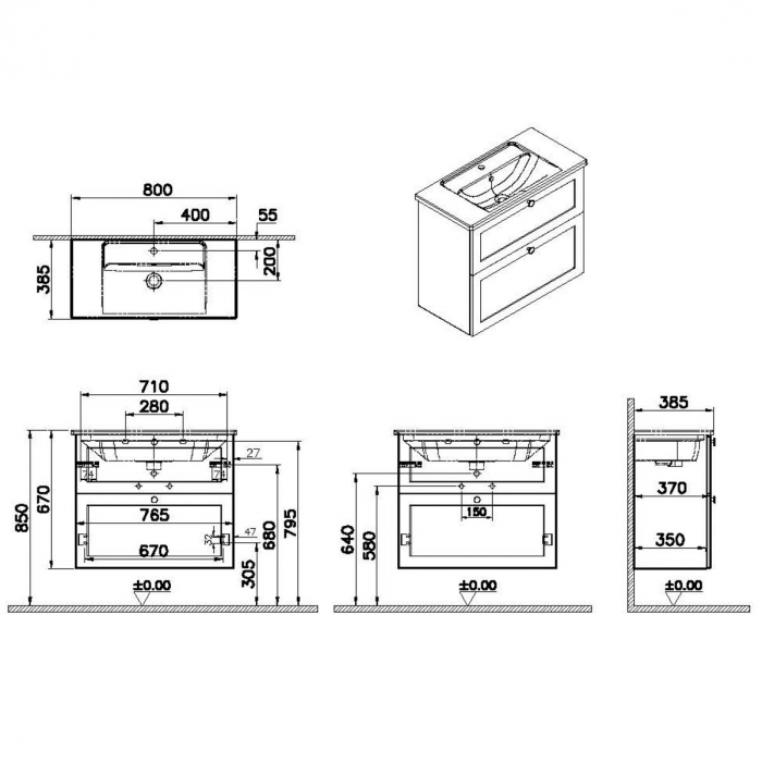 Unitate de baza lavoar baie, cu doua sertare, compact 80cm, alb mat, cu angular lavoar / chiuveta baie | 68673 [2]