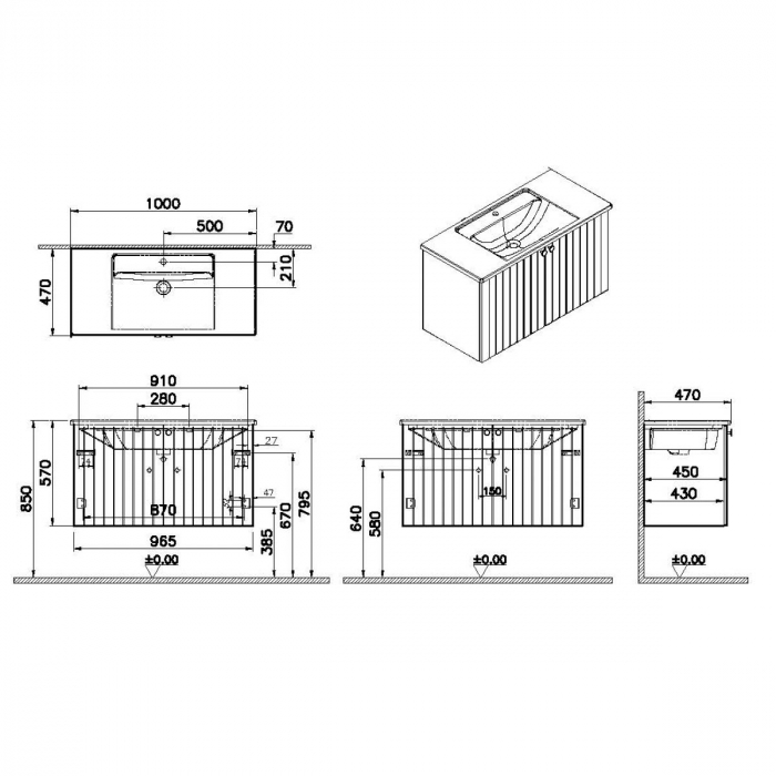 Unitate de baza lavoar baie, cu usi 100cm, alb mat, cu angular lavoar / chiuveta baie | 69303 [2]