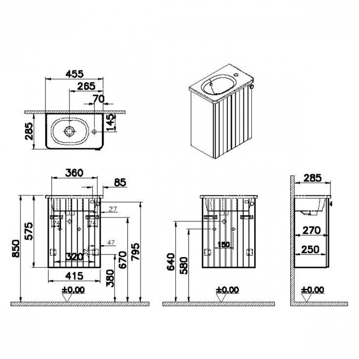Unitate de baza lavoar baie, cu usi, 45cm, compact, cu dreapta orificiu pentru baterie, mat graphite, cu rounded lavoar / chiuveta baie stanga | 69195 [2]