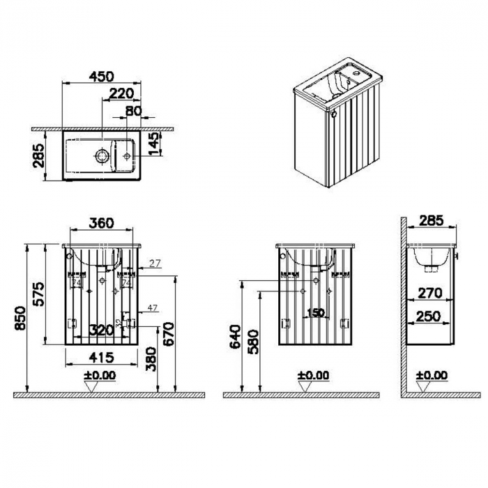 Unitate de baza lavoar baie, cu usi, 45cm, compact, cu dreapta orificiu pentru baterie, mat grey, cu angular lavoar / chiuveta baie dreapta | 69186 [2]