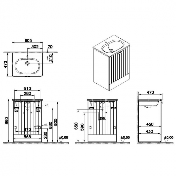 Unitate de baza lavoar baie, cu usi 60cm pe pardoseala, mat grey, cu rounded lavoar / chiuveta baie | 69333 [2]