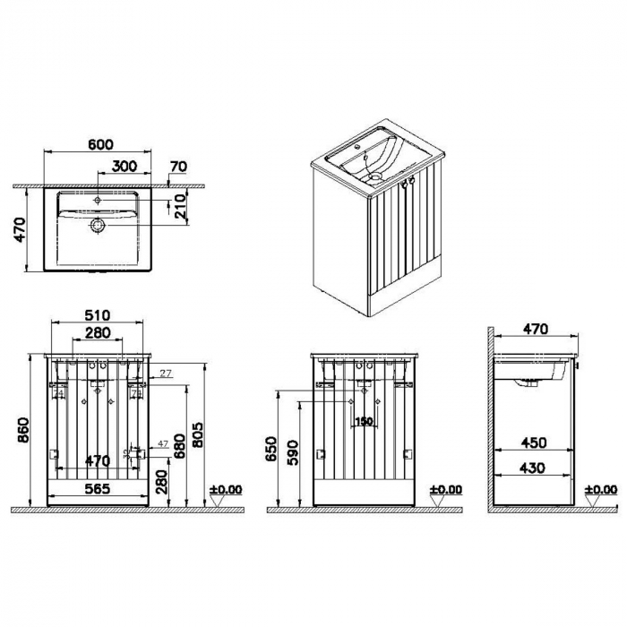 Unitate de baza lavoar baie, cu usi 60cm pe pardoseala, mat gri deschis, cu angular lavoar / chiuveta baie | 69325 [2]