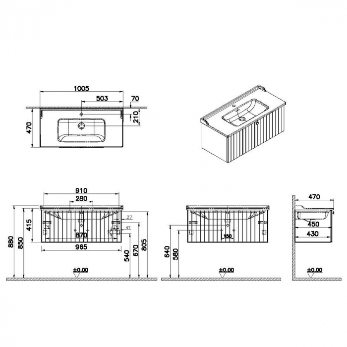 Unitate de baza lavoar baie, cu un sertar 100cm, mat grey, cu classical lavoar / chiuveta baie | 69403 [2]