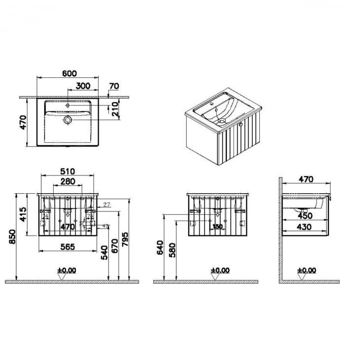 Unitate de baza lavoar baie, cu un sertar 60cm mat graphite, cu angular lavoar / chiuveta baie | 69349 [2]