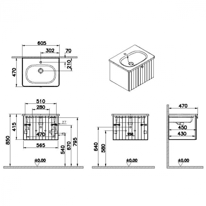 Unitate de baza lavoar baie, cu un sertar 60cm mat grey, cu rounded lavoar / chiuveta baie | 69354 [2]