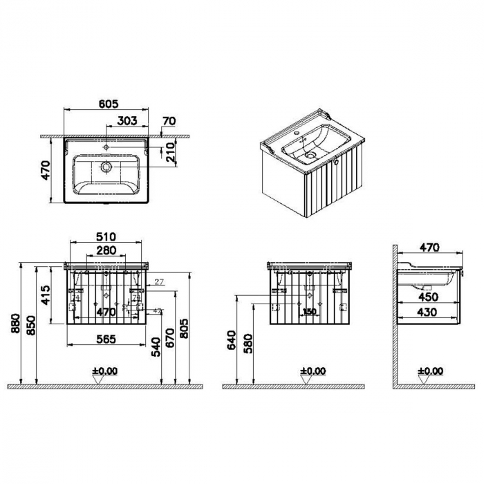 Unitate de baza lavoar baie, cu un sertar 60cm mat retro green, cu classical lavoar / chiuveta baie | 69365 [2]