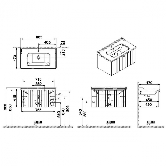 Unitate de baza lavoar baie, cu un sertar 80cm, mat graphite, cu classical lavoar / chiuveta baie | 69384 [2]