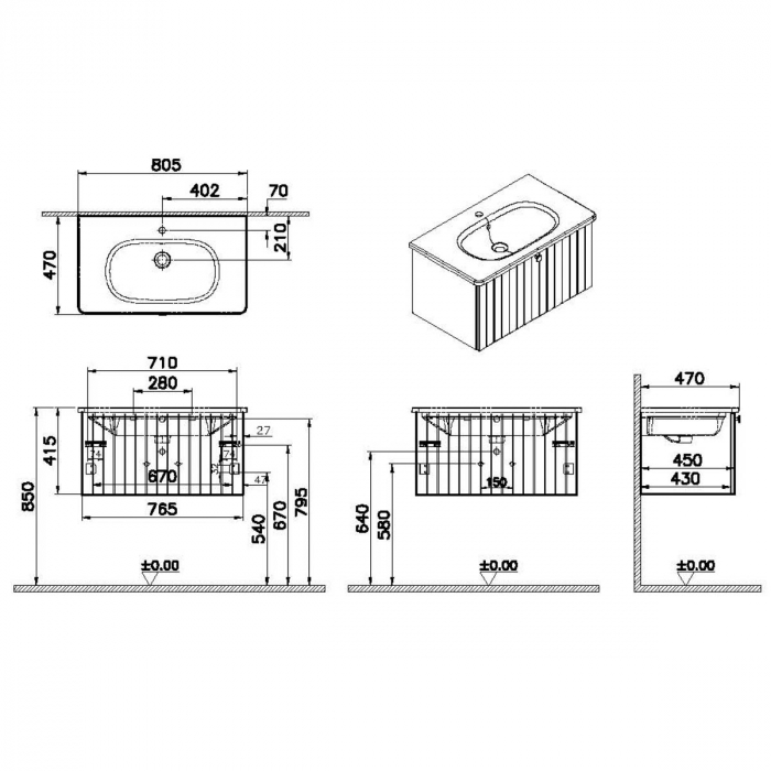 Unitate de baza lavoar baie, cu un sertar 80cm, mat graphite, cu rounded lavoar / chiuveta baie | 69377 [2]