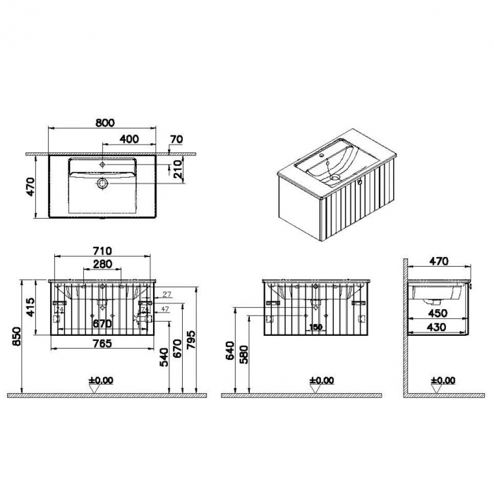 Unitate de baza lavoar baie, cu un sertar 80cm, mat grey, cu angular lavoar / chiuveta baie | 69368 [2]