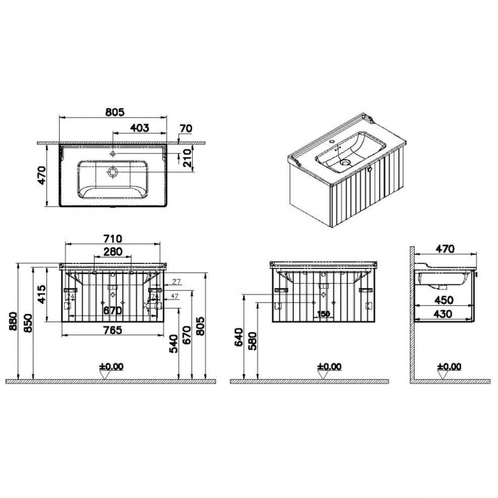 Unitate de baza lavoar baie, cu un sertar 80cm, alb mat, cu classical lavoar / chiuveta baie | 69380 [2]