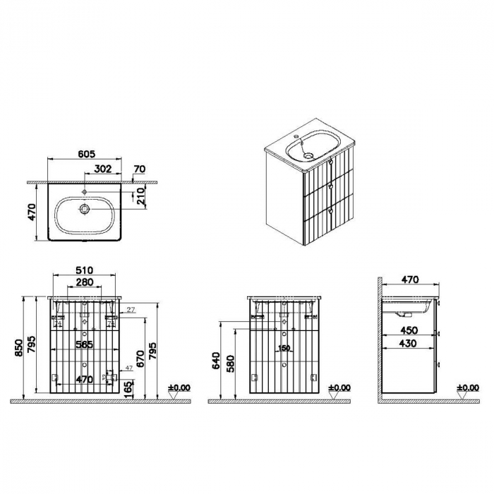 Unitate de baza lavoar baie, cu trei sertare 60cm mat dark albastru, cu rounded lavoar / chiuveta baie | 69483 [2]