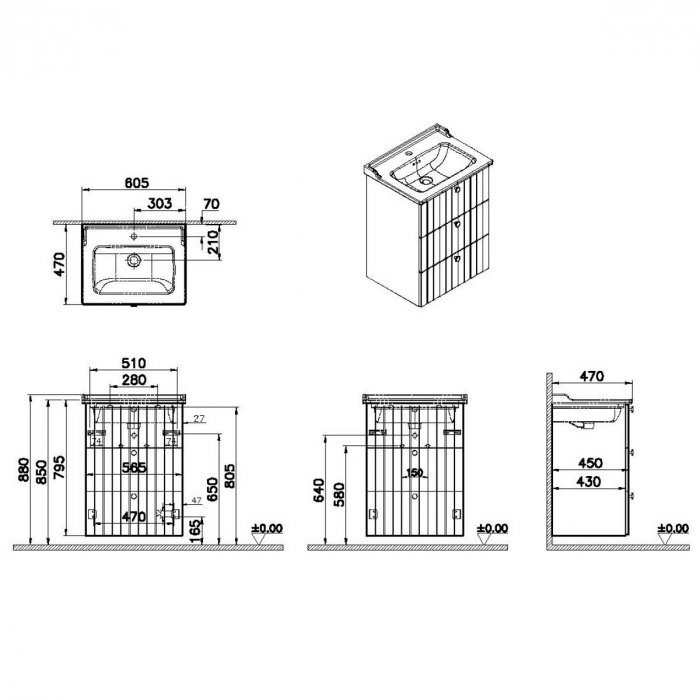 Unitate de baza lavoar baie, cu trei sertare 60cm mat graphite, cu classical lavoar / chiuveta baie | 69489 [2]