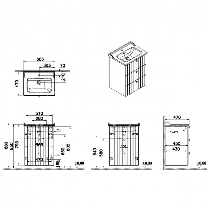 Unitate de baza lavoar baie, cu trei sertare 60cm mat gri deschis, cu classical lavoar / chiuveta baie | 69486 [2]