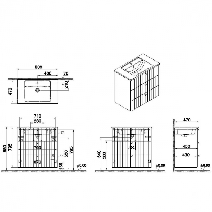 Unitate de baza lavoar baie, cu trei sertare 80cm, mat graphite, cu angular lavoar / chiuveta baie | 69496 [2]