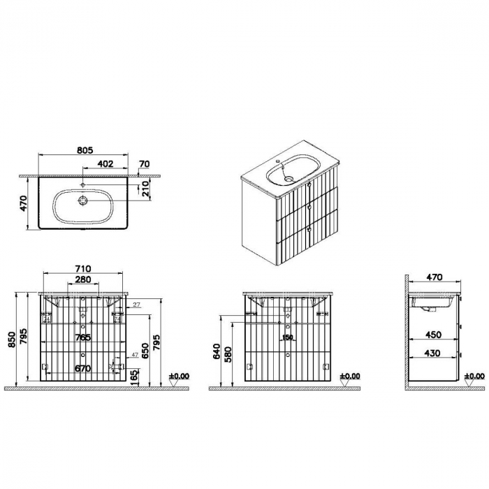 Unitate de baza lavoar baie, cu trei sertare 80cm, mat gri deschis, cu rounded lavoar / chiuveta baie | 69500 [2]