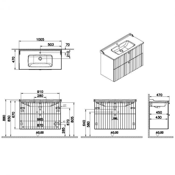 Unitate de baza lavoar baie, cu doua sertare 100cm, mat grey, cu classical lavoar / chiuveta baie | 69466 [2]