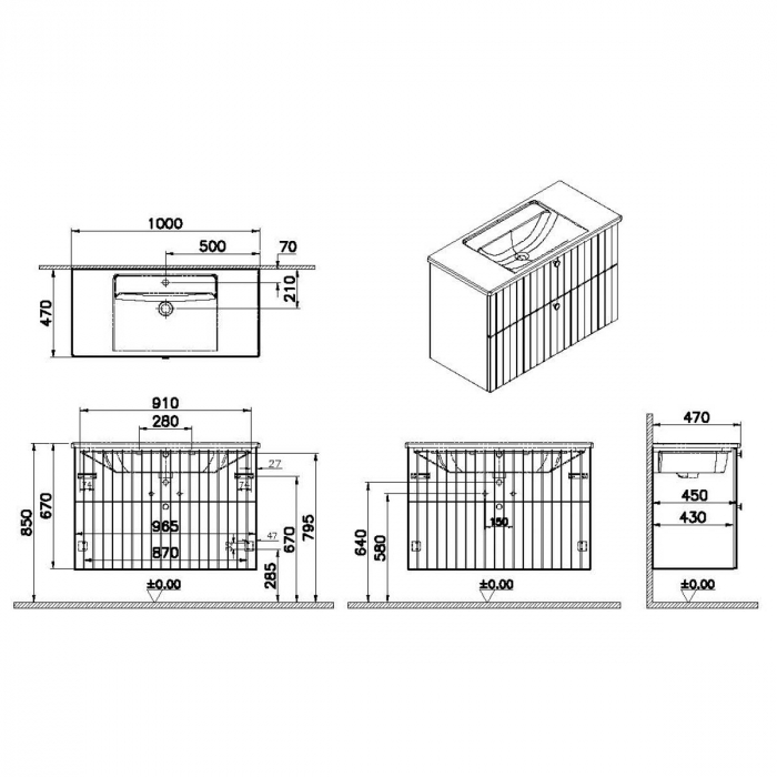 Unitate de baza lavoar baie, cu doua sertare 100cm, alb mat, cu angular lavoar / chiuveta baie | 69450 [2]