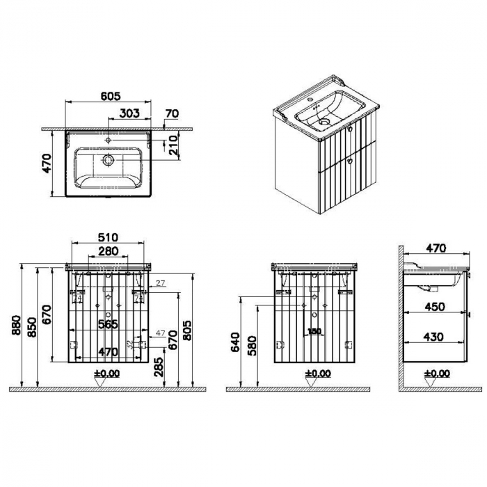 Unitate de baza lavoar baie, cu doua sertare 60cm mat dark albastru, cu classical lavoar / chiuveta baie | 69427 [2]