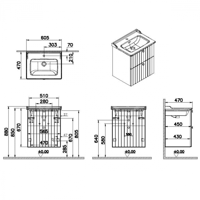 Unitate de baza lavoar baie, cu doua sertare 60cm mat grey, cu classical lavoar / chiuveta baie | 69424 [2]